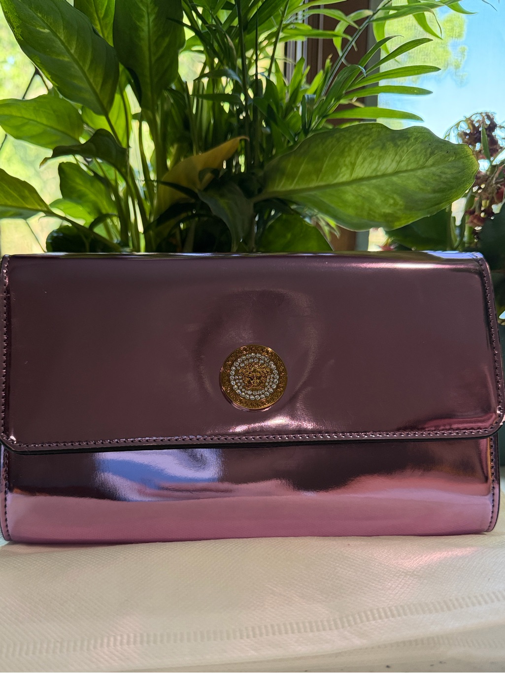 Nwt Versace Metallic Pink Clutch With Gold Medallion